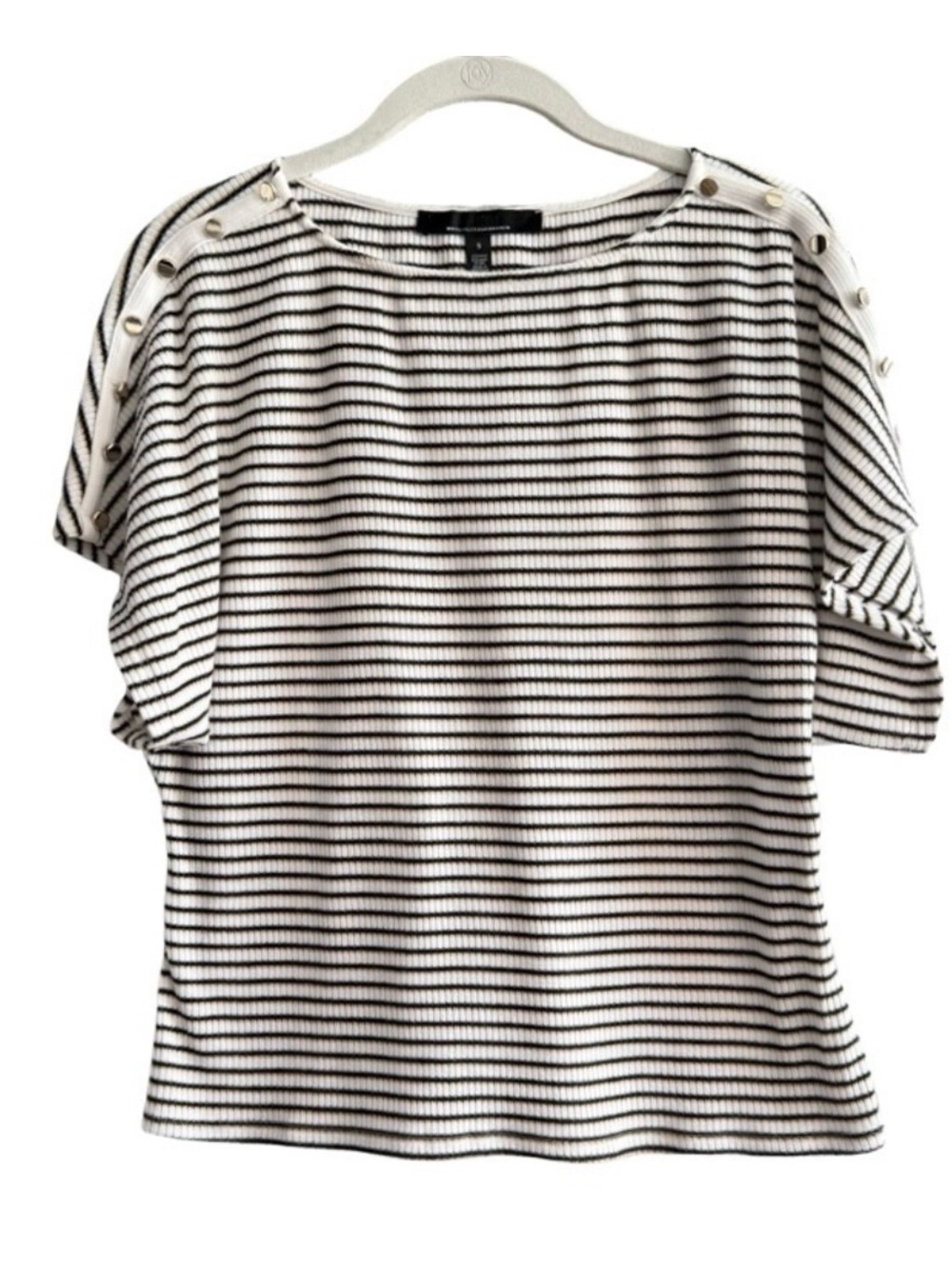 WHBM Short Sleeve Tee Shoulder Buttons Darcy Stripe White Black Tan Size S